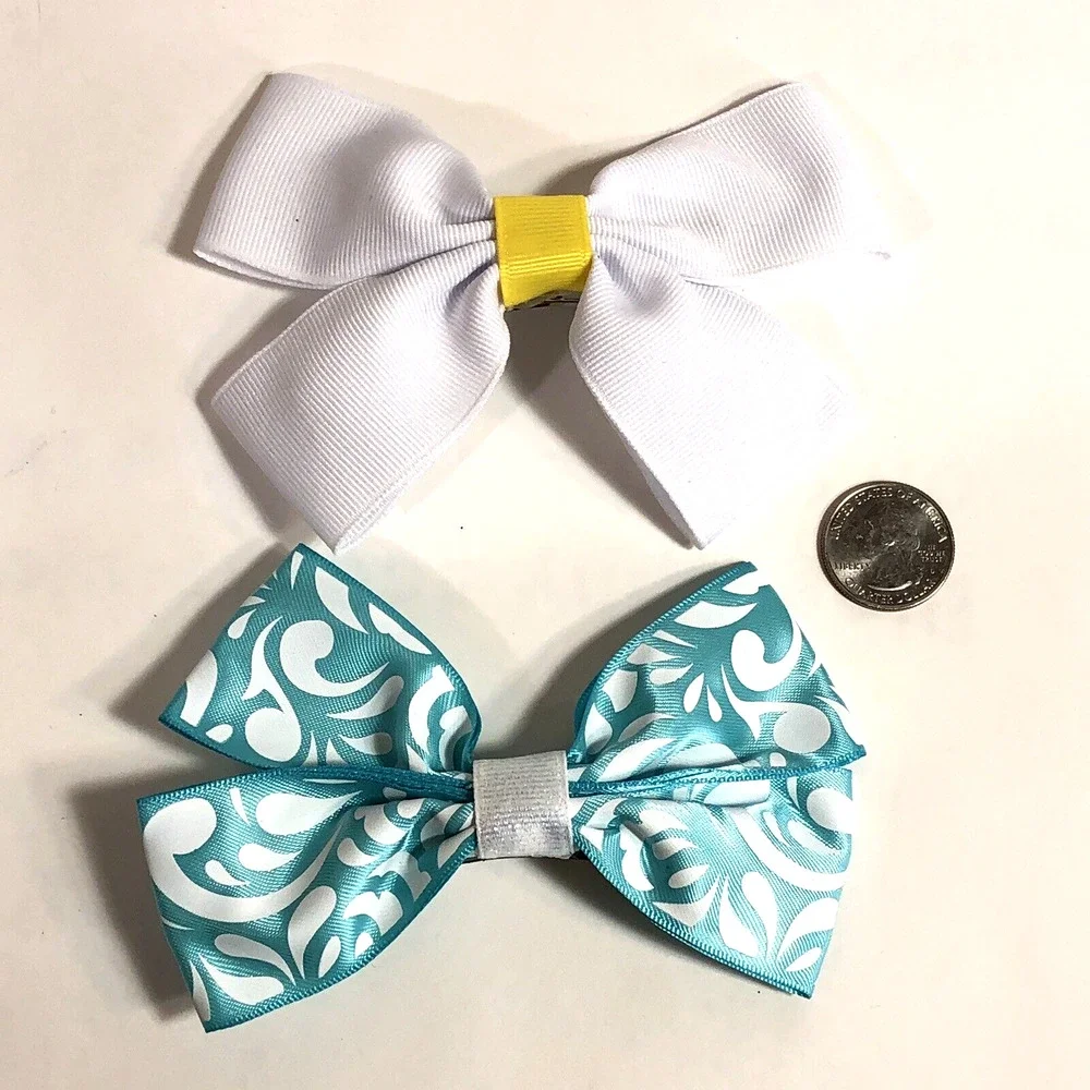 Pair Hair Clip Barrettes - Teal Blue White - Ribbon Bow Knot New Coquette 5